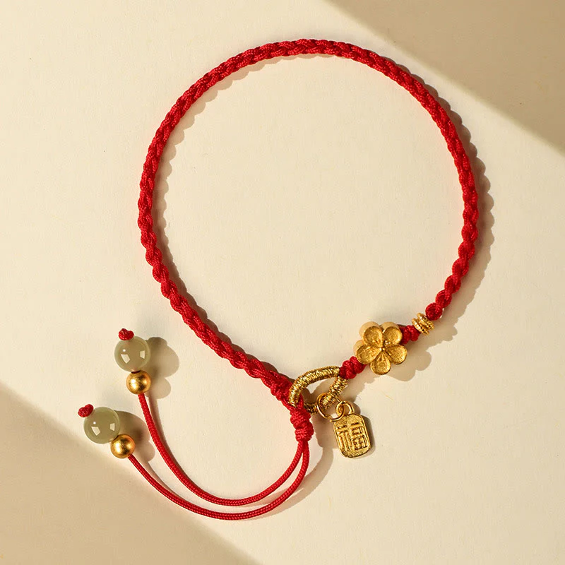 Braccialetto portafortuna con ciondolo a forma di carattere Fu in giada Hetian con Buddha Stones e piccoli fiori di pesco - Image 4
