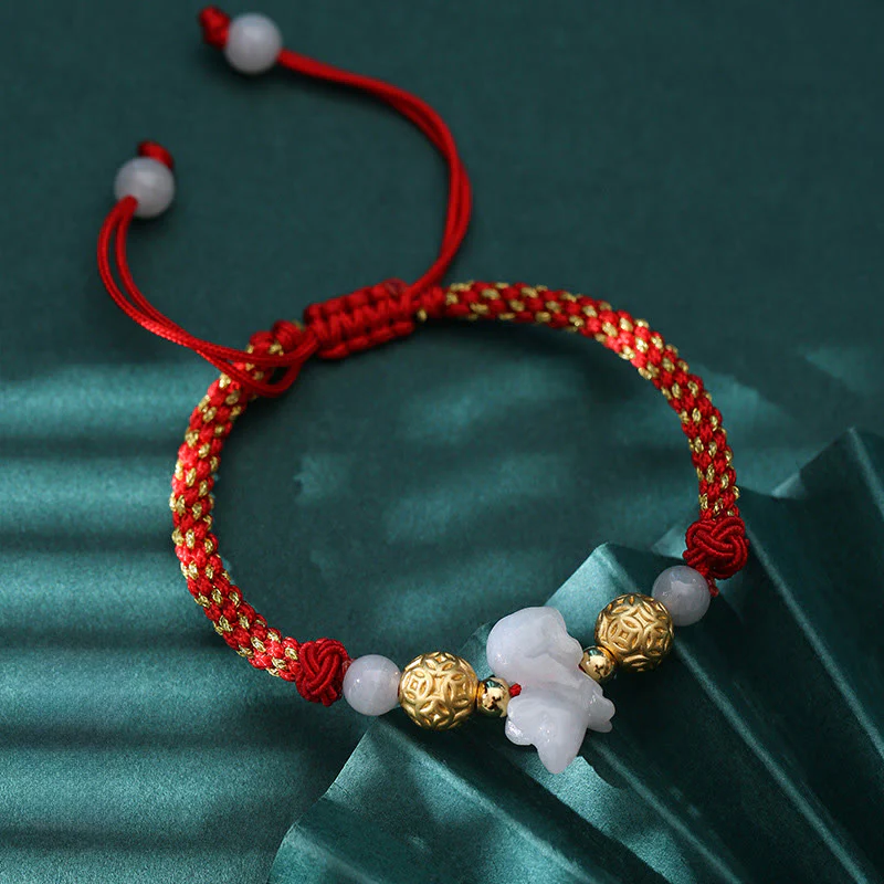 Braccialetto portafortuna con corda rossa, Buddha Stones di giada e argento dello zodiaco cinese, anno del cavallo - Image 2