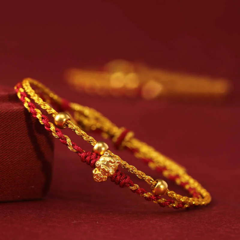 Braccialetto portafortuna con cordino rosso dorato a doppio giro con perline in oro 999 dell'anno del cavallo Buddha Stones - Image 10