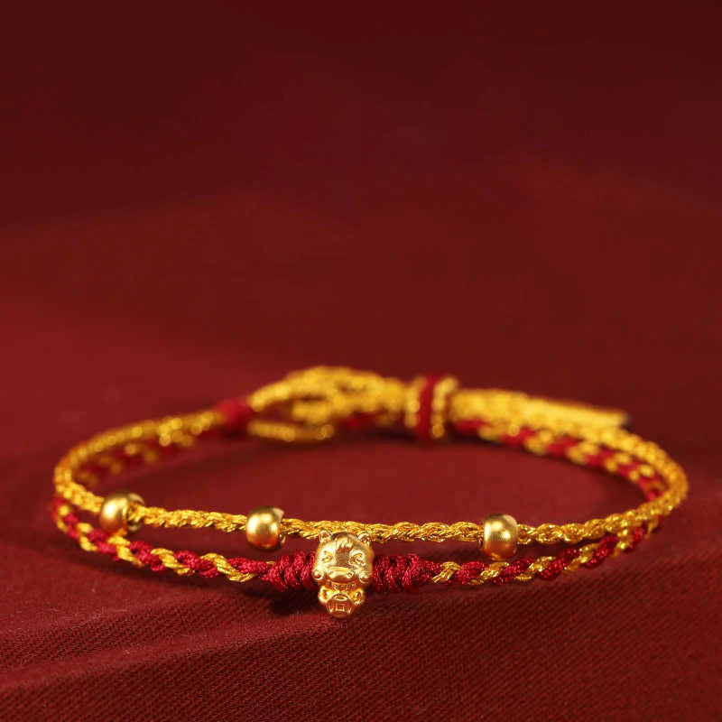 Braccialetto portafortuna con cordino rosso dorato a doppio giro con perline in oro 999 dell'anno del cavallo Buddha Stones - Image 11