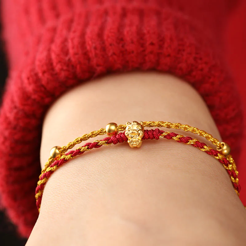 Braccialetto portafortuna con cordino rosso dorato a doppio giro con perline in oro 999 dell'anno del cavallo Buddha Stones - Image 16
