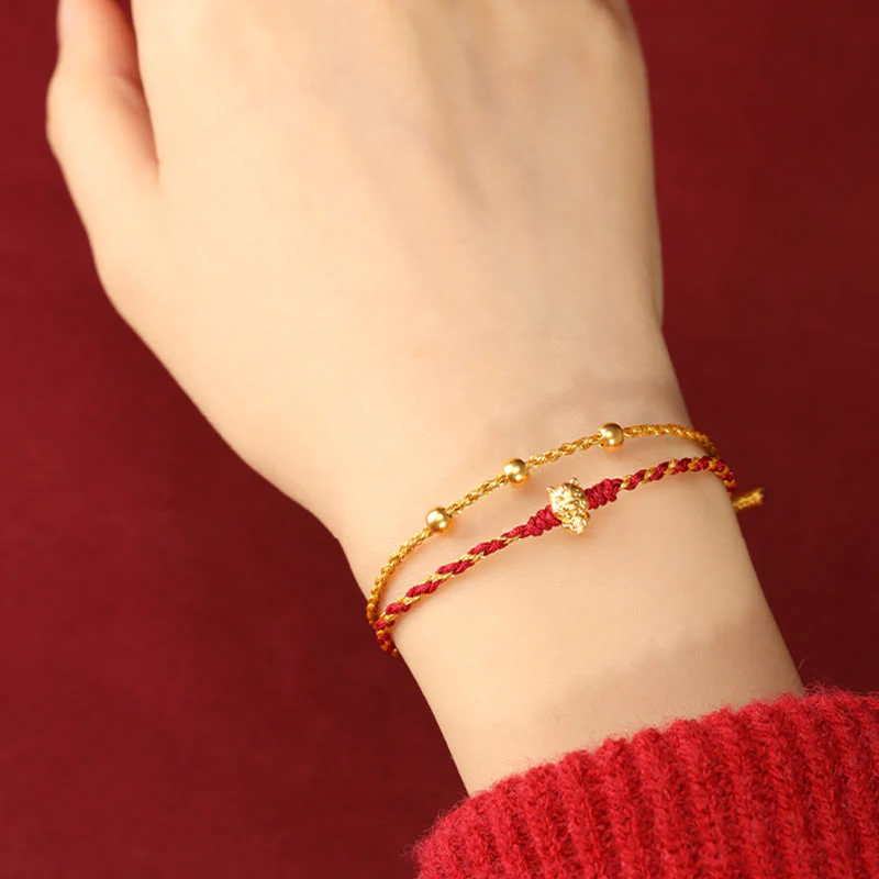 Braccialetto portafortuna con cordino rosso dorato a doppio giro con perline in oro 999 dell'anno del cavallo Buddha Stones - Image 18