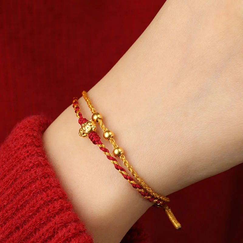 Braccialetto portafortuna con cordino rosso dorato a doppio giro con perline in oro 999 dell'anno del cavallo Buddha Stones - Image 19