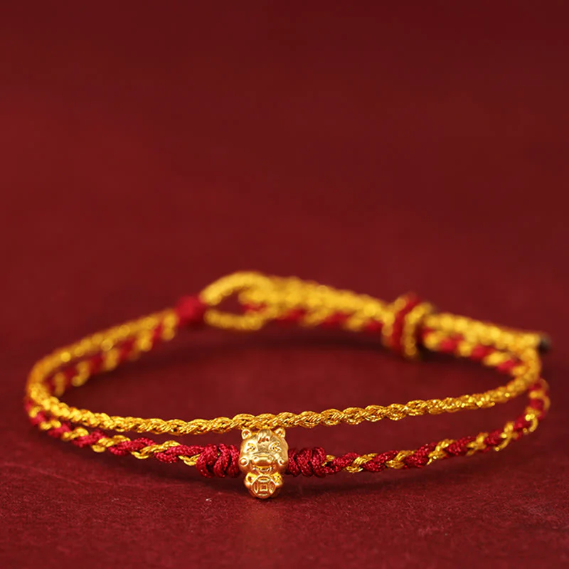 Braccialetto portafortuna con cordino rosso dorato a doppio giro con perline in oro 999 dell'anno del cavallo Buddha Stones - Image 2