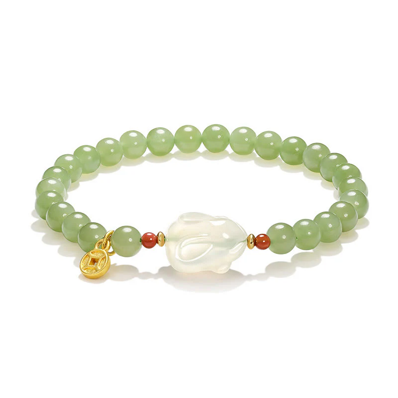 Braccialetto portafortuna con moneta di rame e coniglio in giada naturale di Hetian, agata e pietre Buddha Stones - Image 11