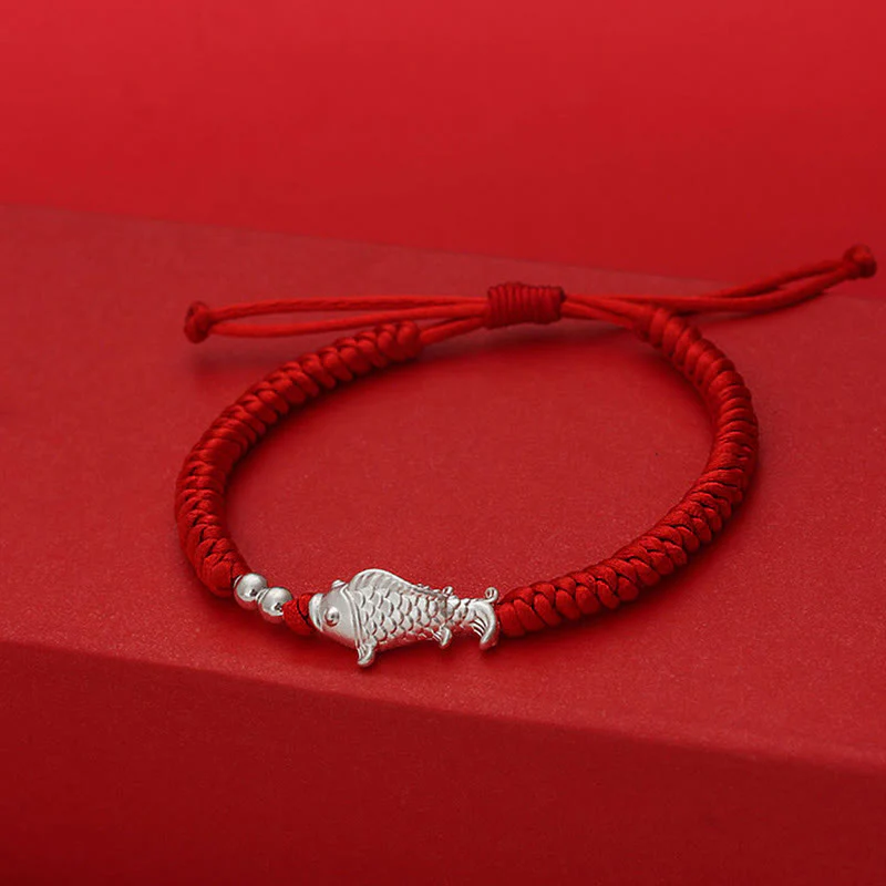 Braccialetto portafortuna con perline in argento sterling 990, motivo pesce koi in argento sterling 999, Buddha Stones e filo rosso - Image 4