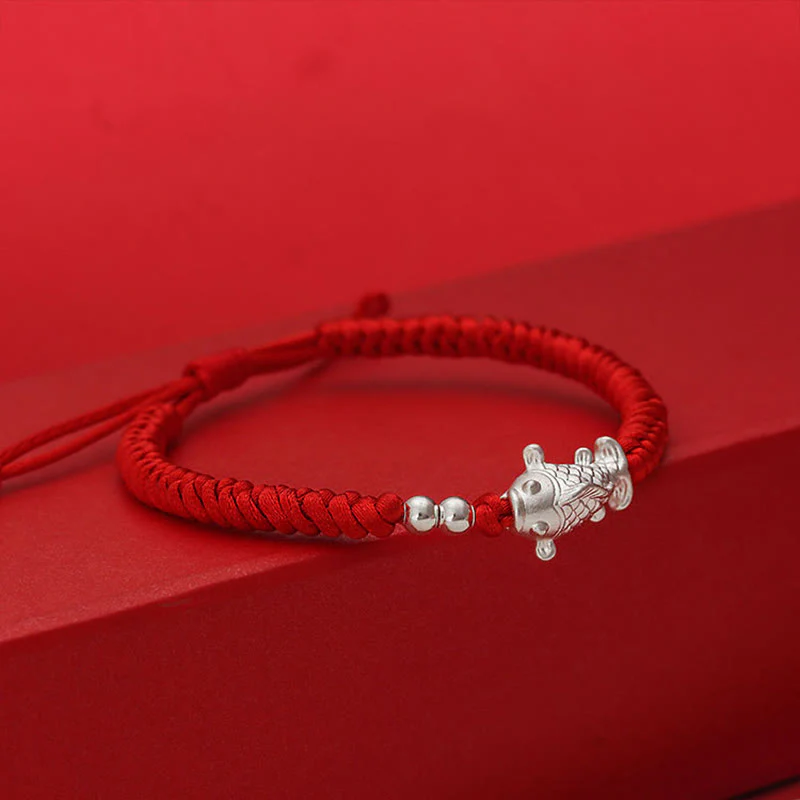 Braccialetto portafortuna con perline in argento sterling 990, motivo pesce koi in argento sterling 999, Buddha Stones e filo rosso - Image 5