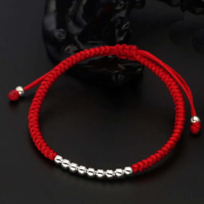 Braccialetto portafortuna con perline semplici e nodo in argento sterling 925, stile retrò , Buddha Stones