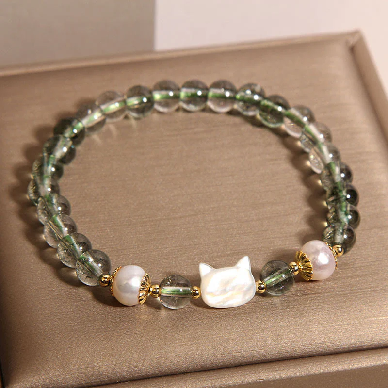Braccialetto portafortuna con testa di gatto in perla fantasma verde naturale di Buddha Stones - Image 2
