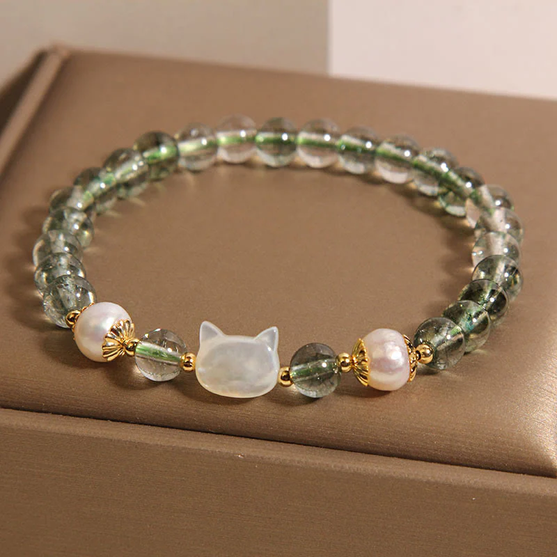 Braccialetto portafortuna con testa di gatto in perla fantasma verde naturale di Buddha Stones - Image 6