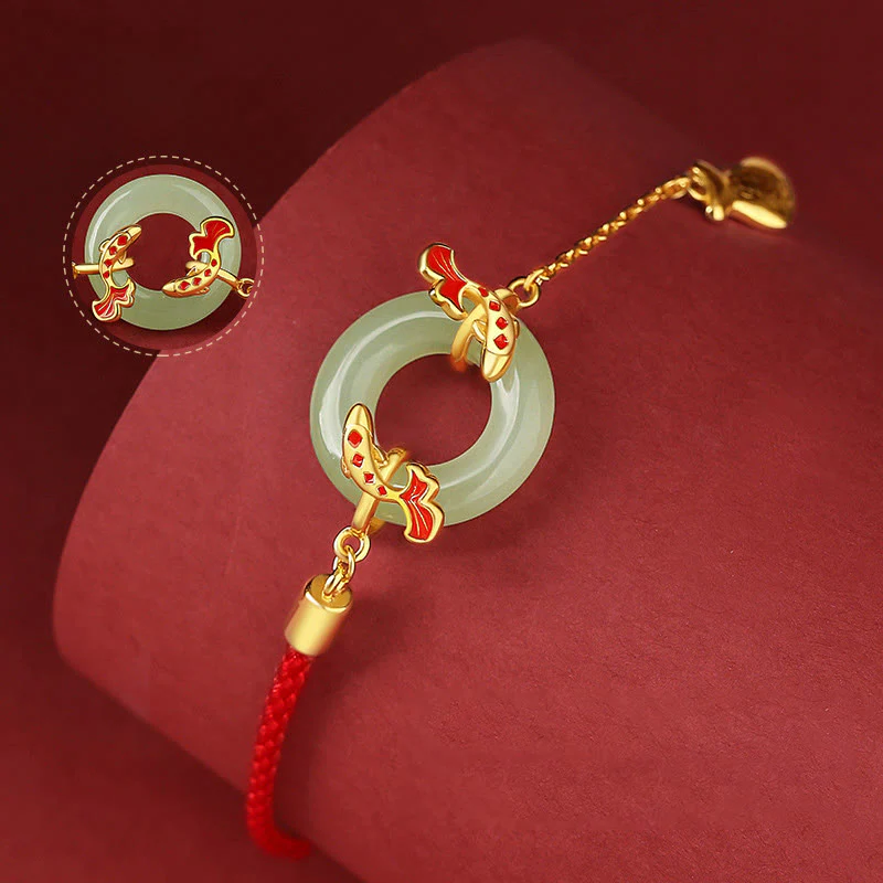 Braccialetto portafortuna della ricchezza con fibbia della pace con pesce Koi in argento Buddha Stones 999 e giada bianca di Hetian - Image 3