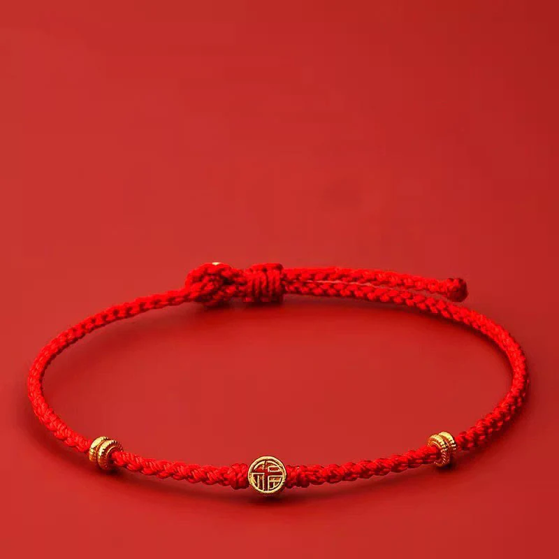 Braccialetto portafortuna Fu in argento sterling 925 con cordino rosso intrecciato fatto a mano con Buddha Stones