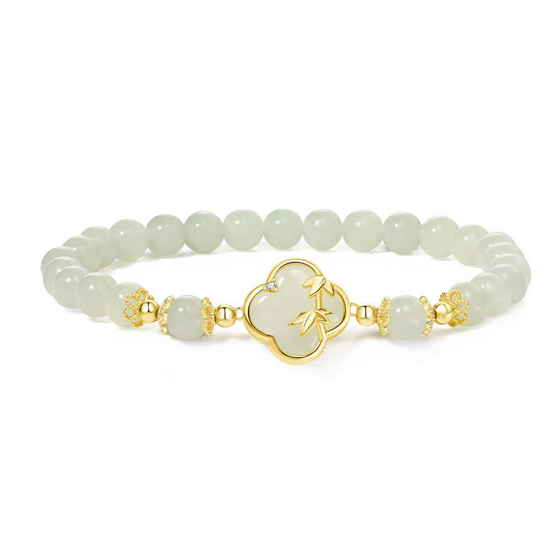 Braccialetto portafortuna in bambù con quadrifoglio in argento sterling 925, Buddha Stones , giada Hetian - Image 3