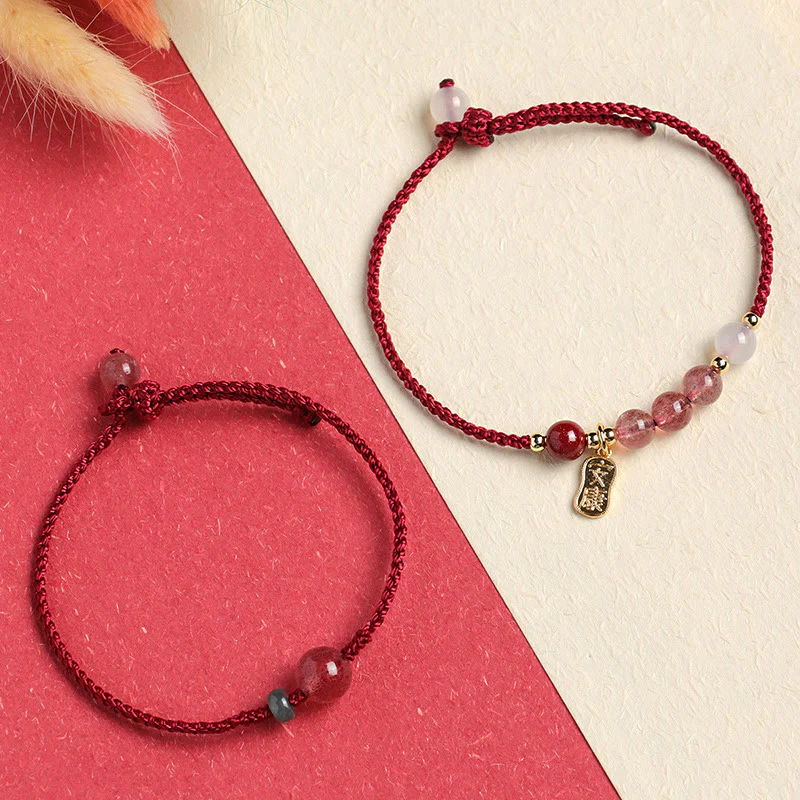 Braccialetto positivo in corda rossa con agata bianca, giada e quarzo fragola naturale Buddha Stones - Image 2