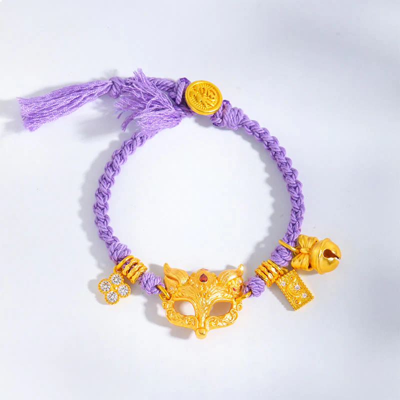 Bracciale portafortuna con corda viola intrecciata, ciondolo a forma di campana di volpe in ottone placcato oro 24k con carattere Fu Buddha Stones - Image 2