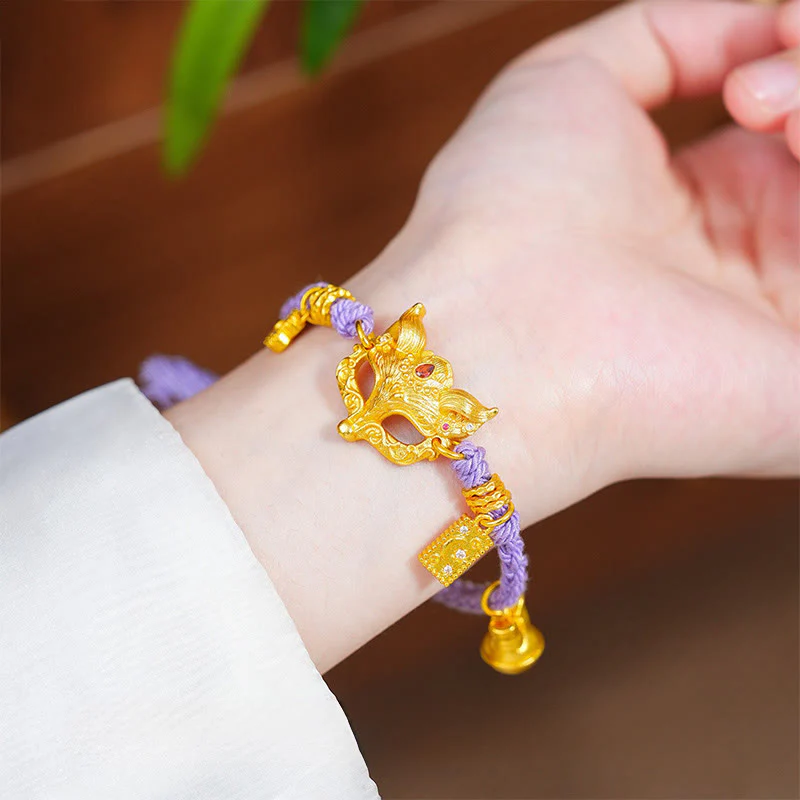 Bracciale portafortuna con corda viola intrecciata, ciondolo a forma di campana di volpe in ottone placcato oro 24k con carattere Fu Buddha Stones - Image 3