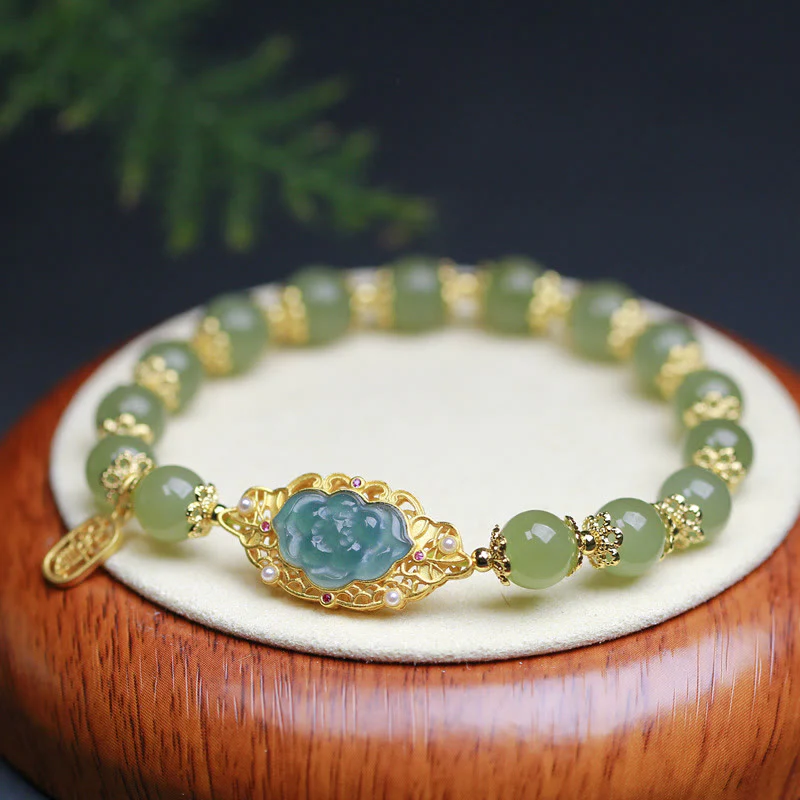 Braccialetto portafortuna in giada Hetian con Buddha Stones , argento sterling 925 placcato oro 14K
