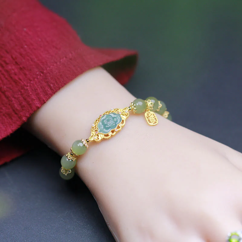 Braccialetto portafortuna in giada Hetian con Buddha Stones , argento sterling 925 placcato oro 14K - Image 3