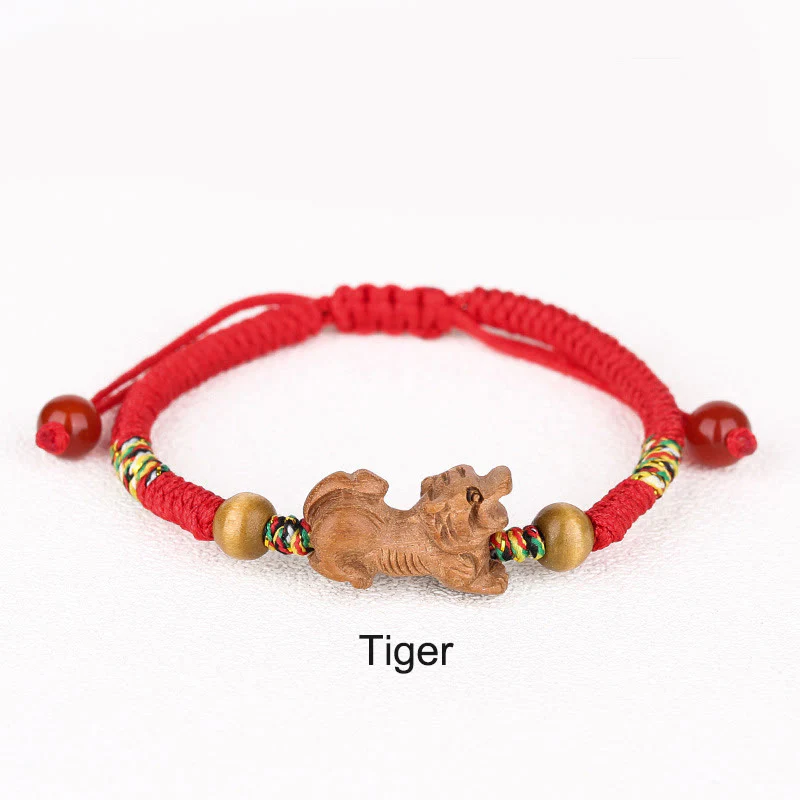 Braccialetto portafortuna in legno di pesca con corda rossa, fatto a mano, con zodiaco cinese di Buddha Stones - Image 14