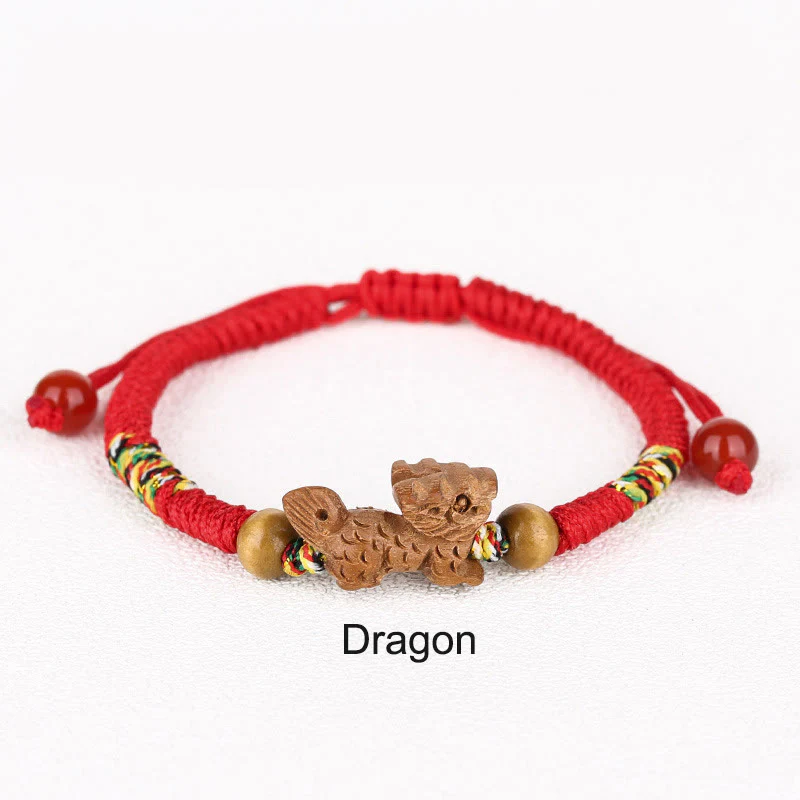 Braccialetto portafortuna in legno di pesca con corda rossa, fatto a mano, con zodiaco cinese di Buddha Stones - Image 16