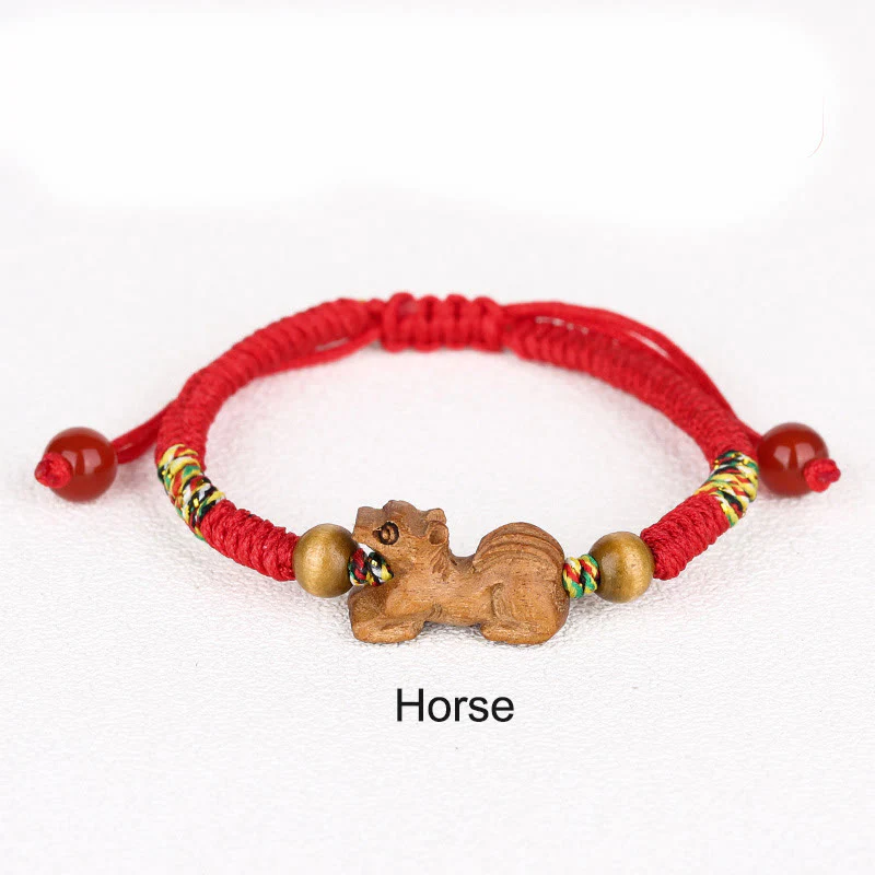 Braccialetto portafortuna in legno di pesca con corda rossa, fatto a mano, con zodiaco cinese di Buddha Stones - Image 21