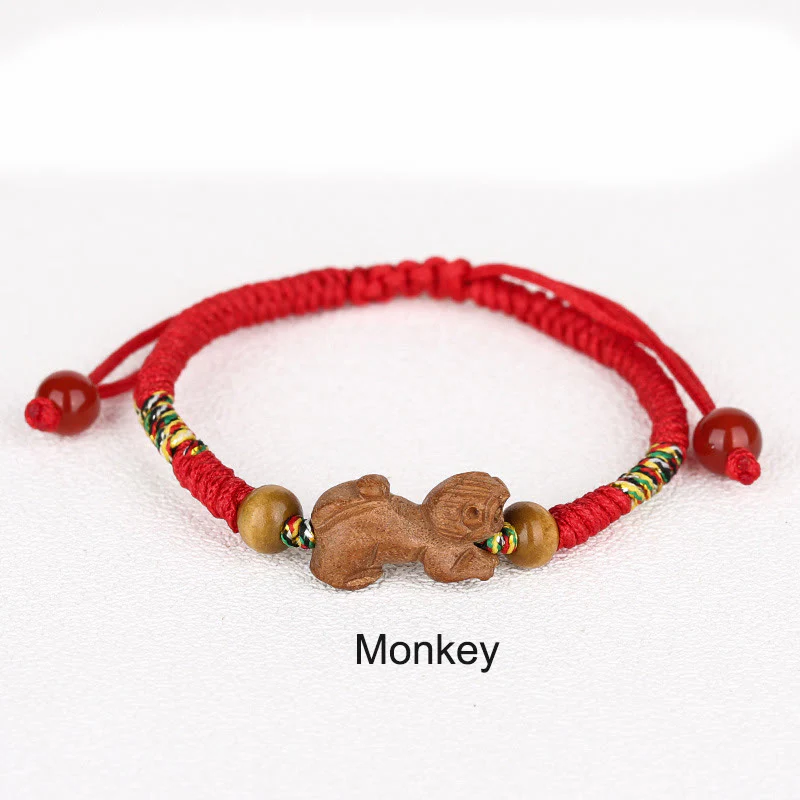 Braccialetto portafortuna in legno di pesca con corda rossa, fatto a mano, con zodiaco cinese di Buddha Stones - Image 25