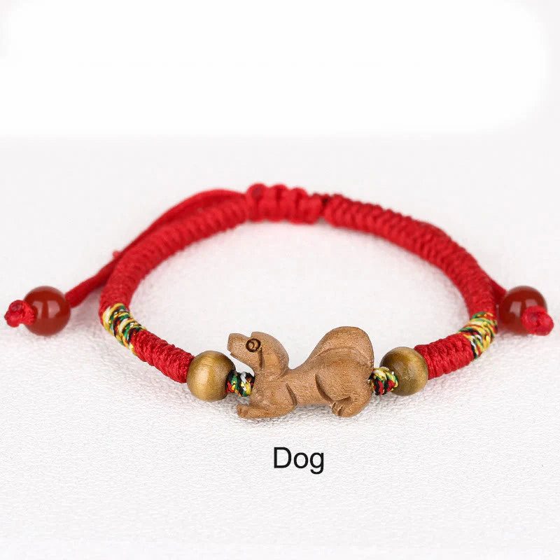 Braccialetto portafortuna in legno di pesca con corda rossa, fatto a mano, con zodiaco cinese di Buddha Stones - Image 29