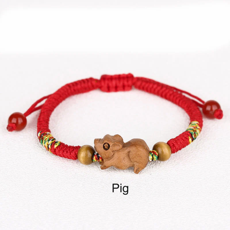Braccialetto portafortuna in legno di pesca con corda rossa, fatto a mano, con zodiaco cinese di Buddha Stones - Image 31