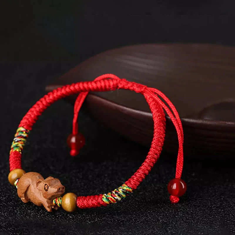 Braccialetto portafortuna in legno di pesca con corda rossa, fatto a mano, con zodiaco cinese di Buddha Stones - Image 32