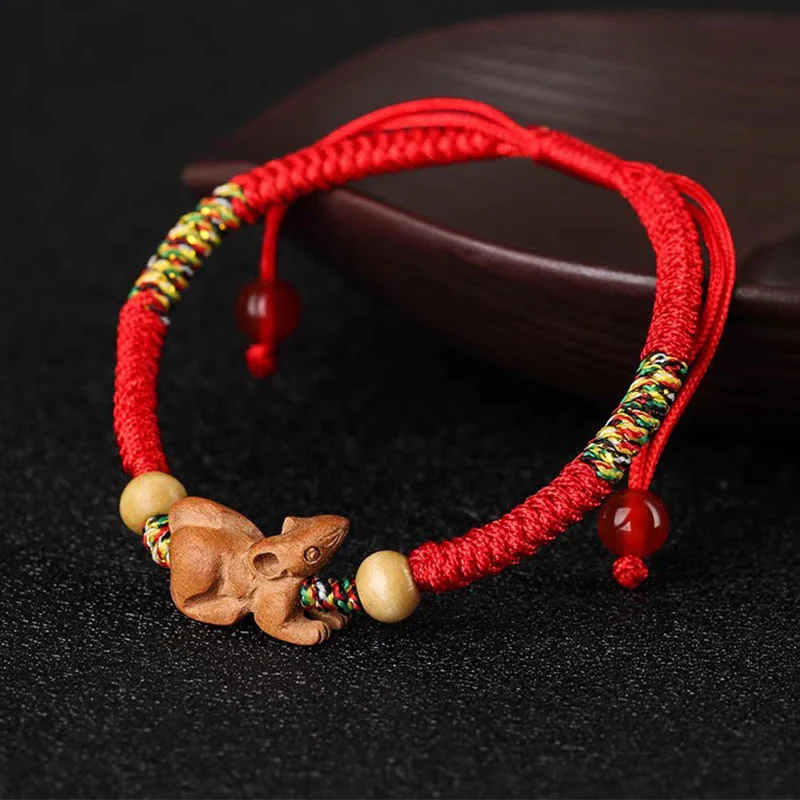 Braccialetto portafortuna in legno di pesca con corda rossa, fatto a mano, con zodiaco cinese di Buddha Stones - Image 5