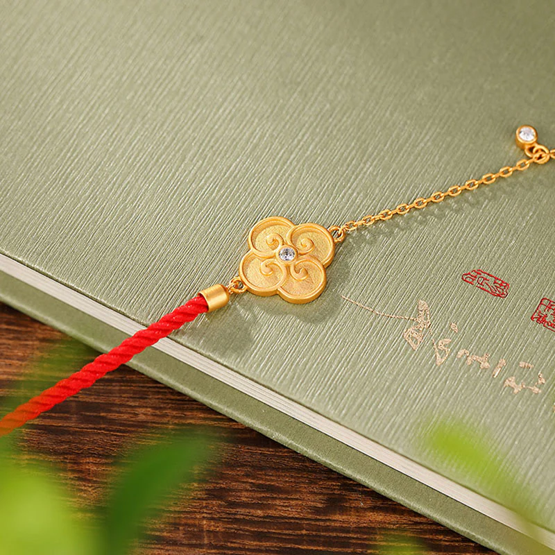 Braccialetto portafortuna in zircone con quadrifoglio e Buddha Stones in argento sterling 925 placcato oro - Image 3