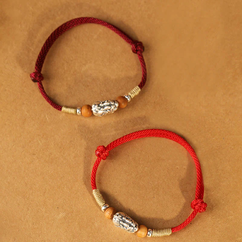 Braccialetto portafortuna intrecciato a mano con perline in legno di pesca, in argento sterling 999, con ciondolo Pixiu Buddha Stones - Image 24
