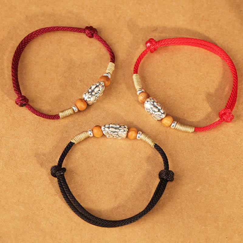 Braccialetto portafortuna intrecciato a mano con perline in legno di pesca, in argento sterling 999, con ciondolo Pixiu Buddha Stones - Image 25