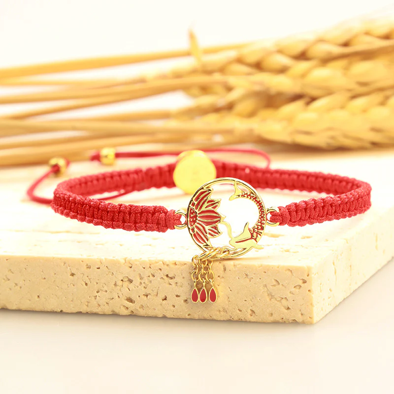 Braccialetto portafortuna rosso con corda, fatto a mano in Buddha Stones, tibetano, con pesce di loto e carpa koi - Image 3