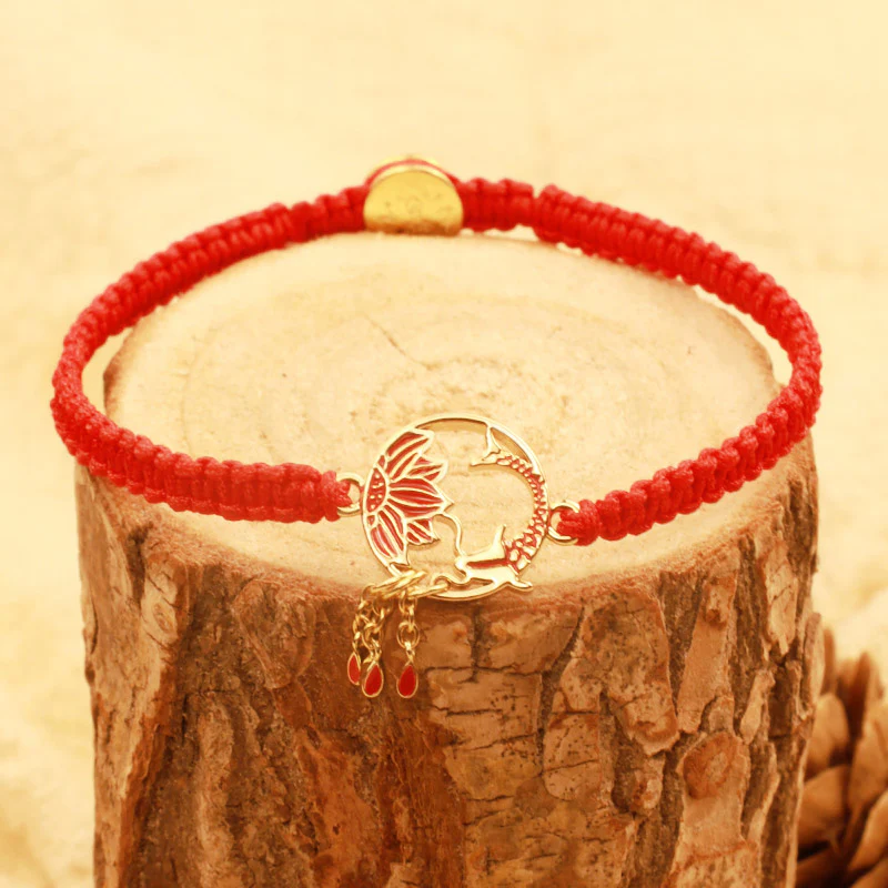 Braccialetto portafortuna rosso con corda, fatto a mano in Buddha Stones, tibetano, con pesce di loto e carpa koi - Image 4