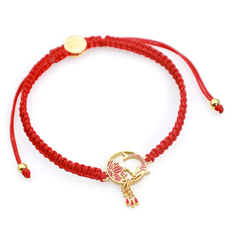 Braccialetto portafortuna rosso con corda, fatto a mano in Buddha Stones, tibetano, con pesce di loto e carpa koi - Image 5