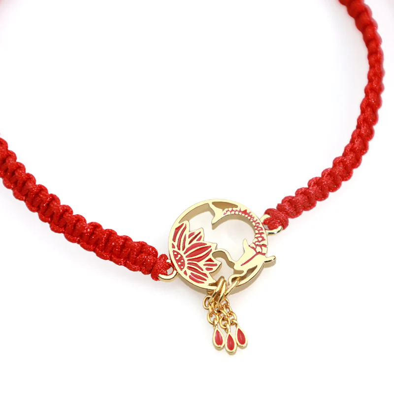 Braccialetto portafortuna rosso con corda, fatto a mano in Buddha Stones, tibetano, con pesce di loto e carpa koi - Image 7
