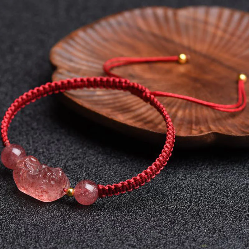 Braccialetto portafortuna rosso con corda PiXiu in quarzo fragola naturale Buddha Stones - Image 7