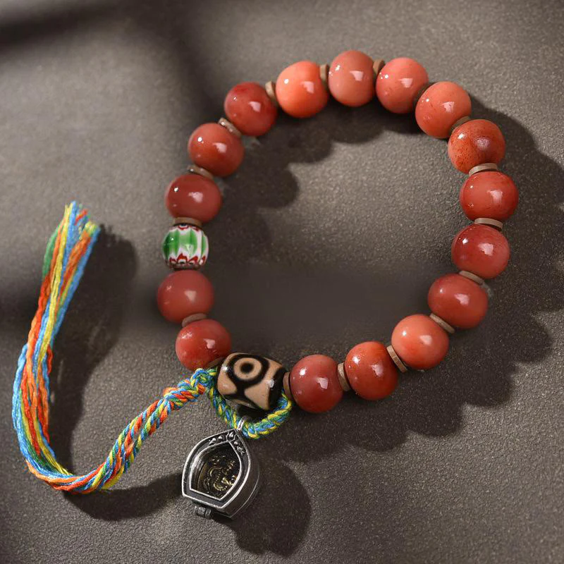 Braccialetto portafortuna vintage con nappa in osso di cammello tibetano Buddha Stones