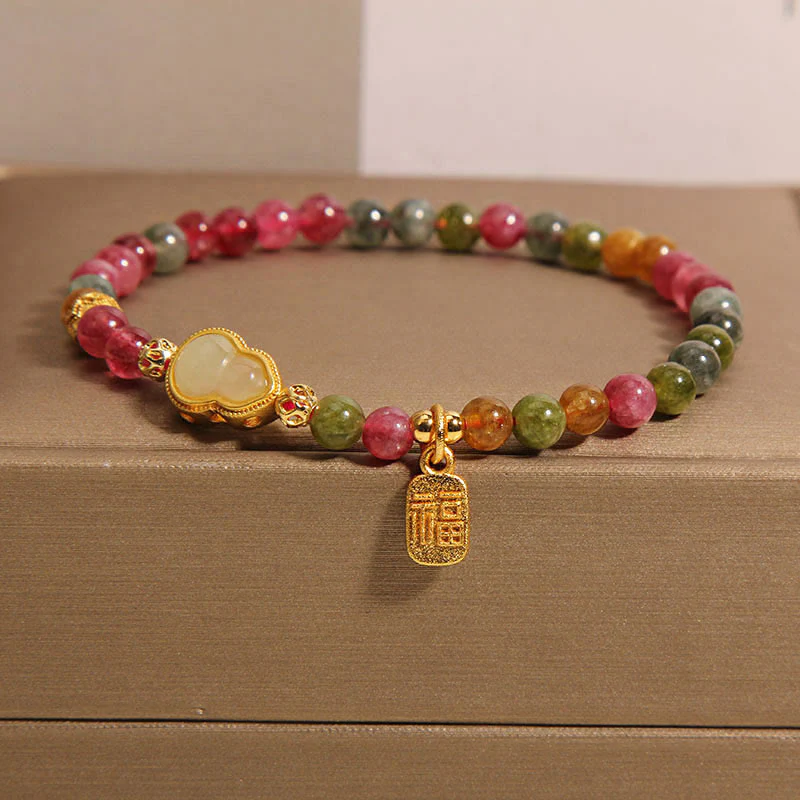 Braccialetto positivo con carattere Fu in pietra colorata e tormalina Buddha Stones