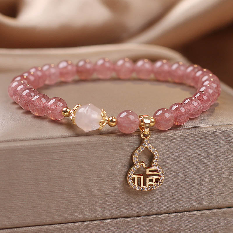 Braccialetto positivo con ciondolo a forma di carattere Fu di zucca e quarzo fragola Buddha Stones - Image 4