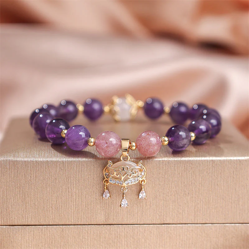 Braccialetto positivo con ciondolo a forma di lucchetto della pace, in quarzo fragola, ametista naturale , Buddha Stones - Image 7