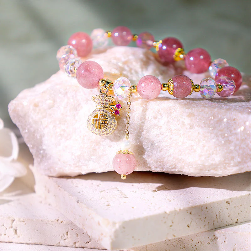 Braccialetto positivo con ciondolo a forma di sacchetto di denaro in cristallo di quarzo fragola naturale Buddha Stones - Image 10