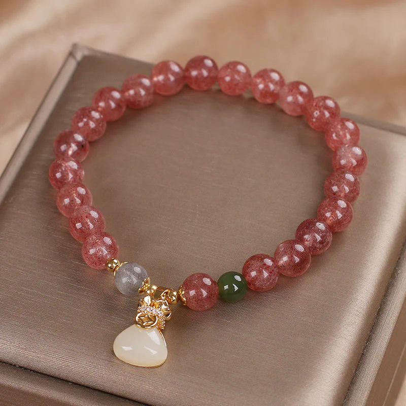 Braccialetto positivo con ciondolo a forma di sacco di soldi in quarzo fragola naturale Buddha Stones - Image 3