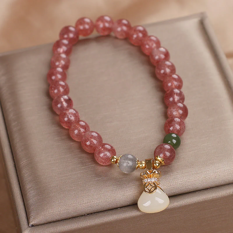 Braccialetto positivo con ciondolo a forma di sacco di soldi in quarzo fragola naturale Buddha Stones - Image 5