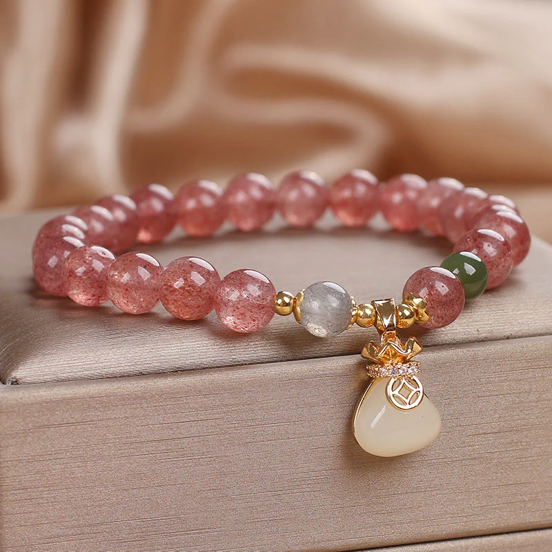 Braccialetto positivo con ciondolo a forma di sacco di soldi in quarzo fragola naturale Buddha Stones - Image 6