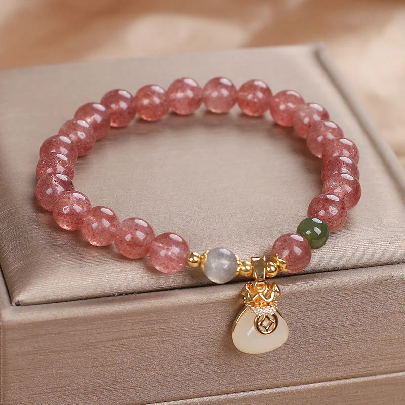 Braccialetto positivo con ciondolo a forma di sacco di soldi in quarzo fragola naturale Buddha Stones - Image 7