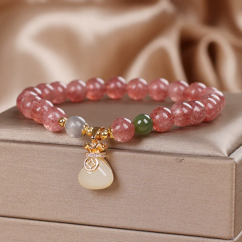 Braccialetto positivo con ciondolo a forma di sacco di soldi in quarzo fragola naturale Buddha Stones - Image 8