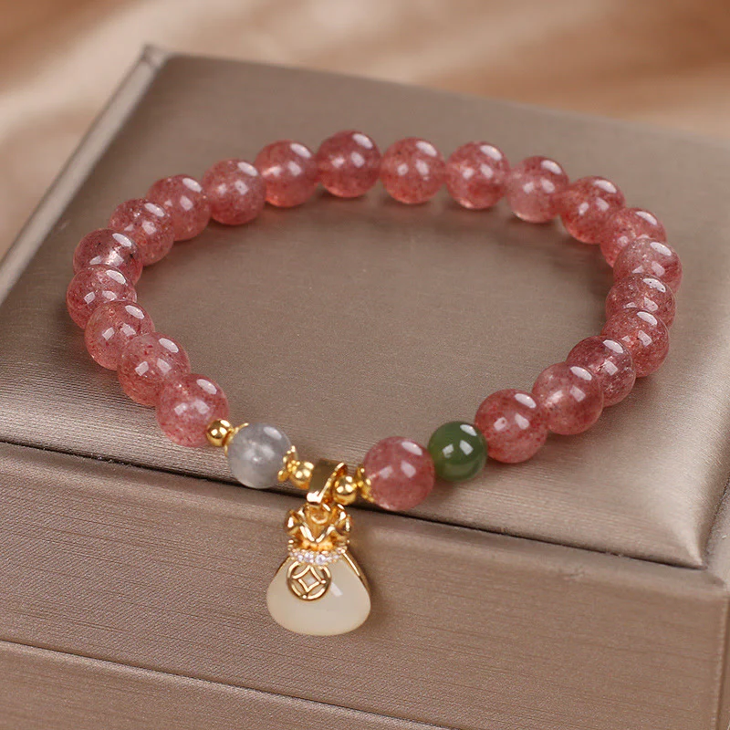 Braccialetto positivo con ciondolo a forma di sacco di soldi in quarzo fragola naturale Buddha Stones - Image 9