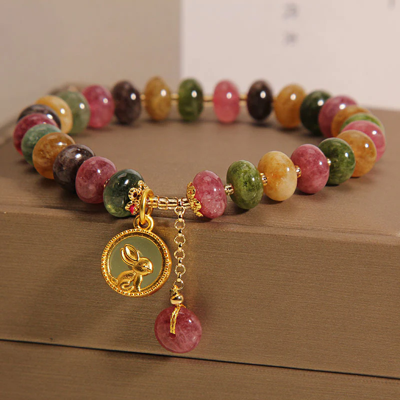 Braccialetto positivo con ciondolo coniglio carino e tormalina colorata naturale Buddha Stones - Image 7